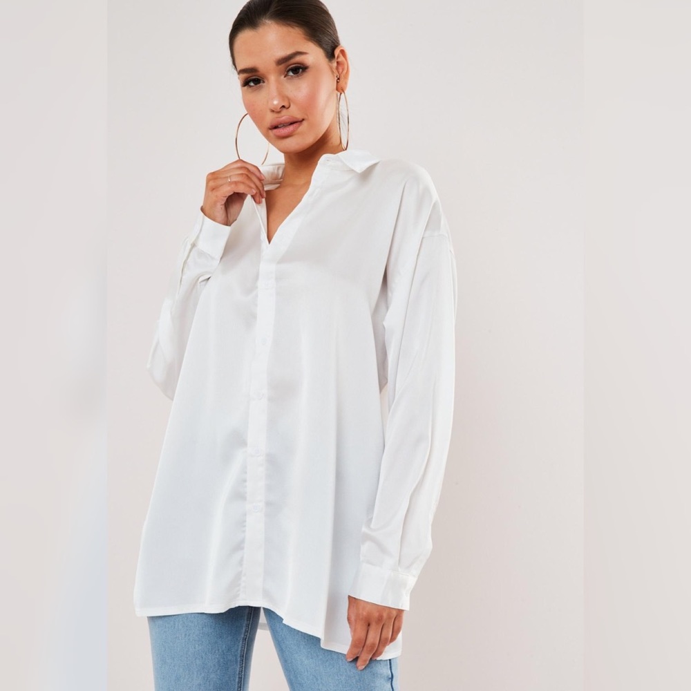 White Button Down Satin Shirt - Picture 1 of 8